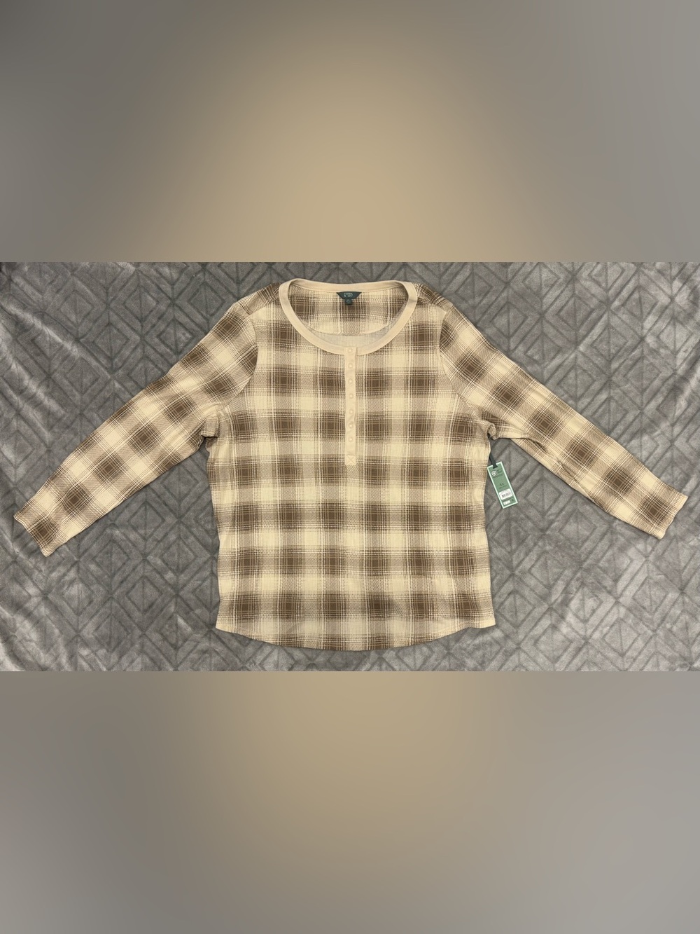 Terra & Sky Women’s Plus 4X Plaid Waffle Henley Long Sleeve Top Cream Brown